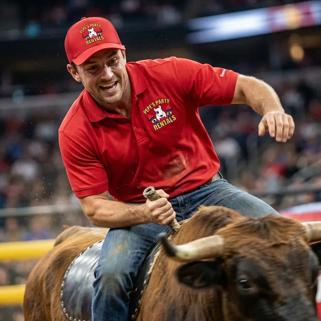 Rider holding on to The Beast mechanical bull rental