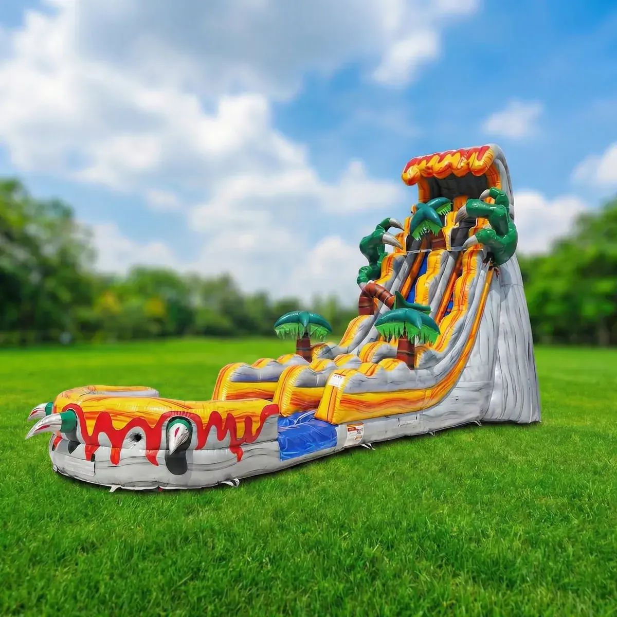 T-Rex water slide rental with dinosaur design