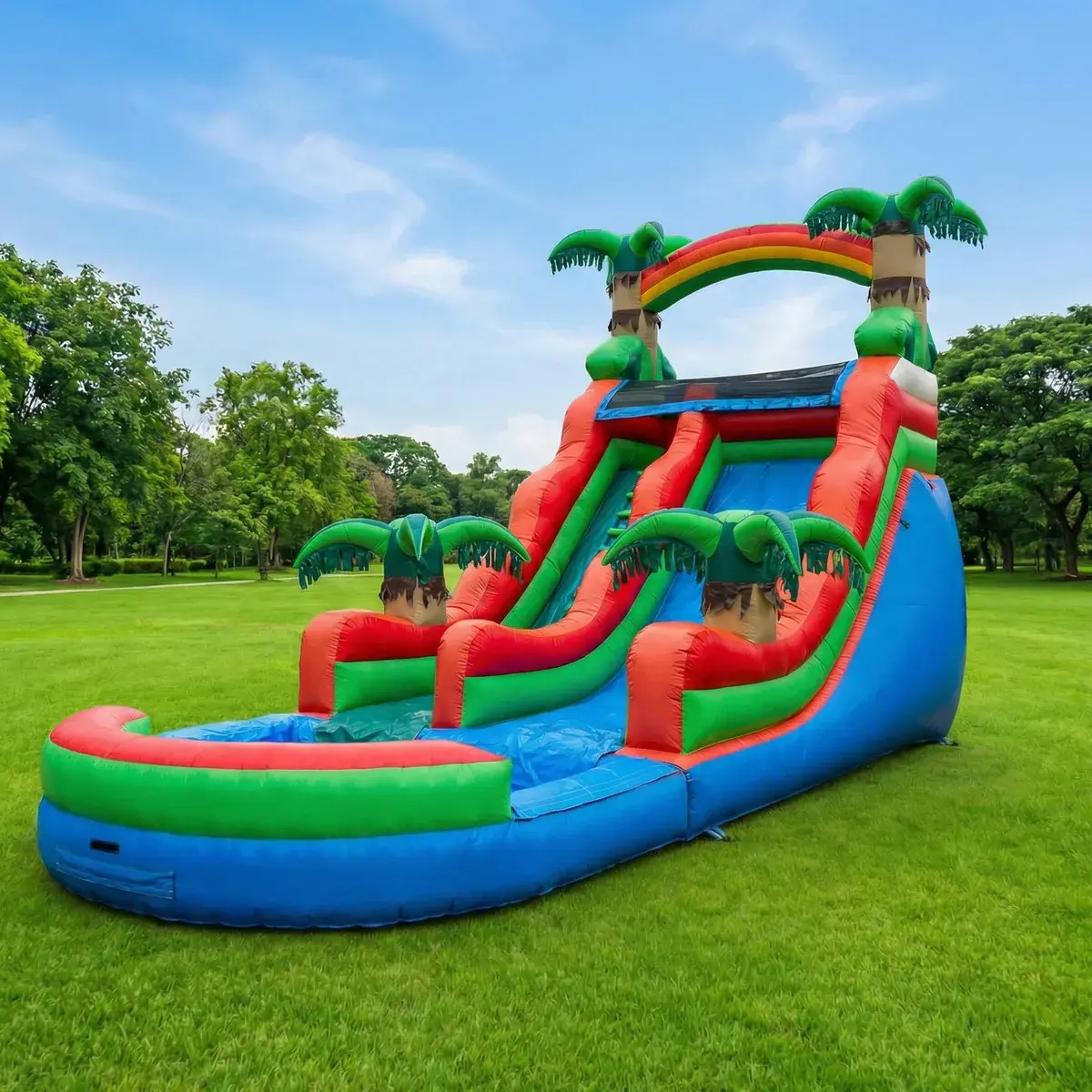 Tropical water slide rental with palm tree design and splash pool