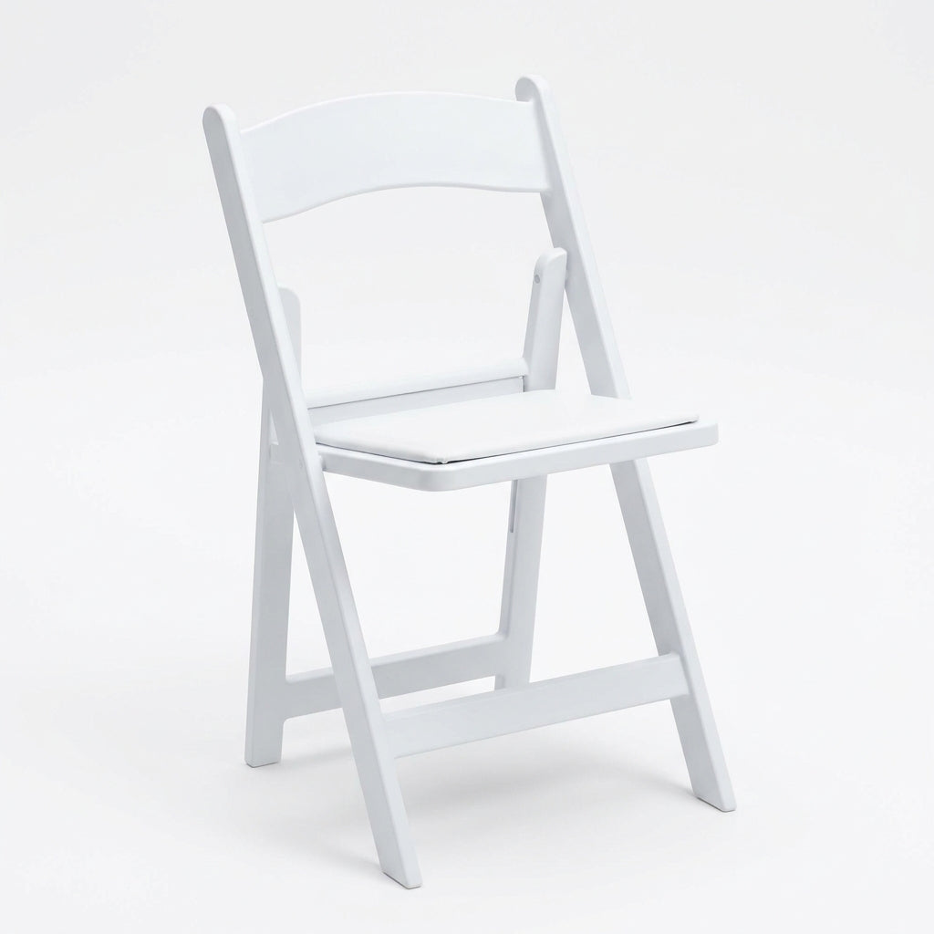 White resin folding chair rental — front view, pure white, Fredericksburg VA