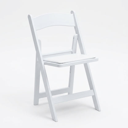 White resin folding chair rental — front view, pure white, Fredericksburg VA