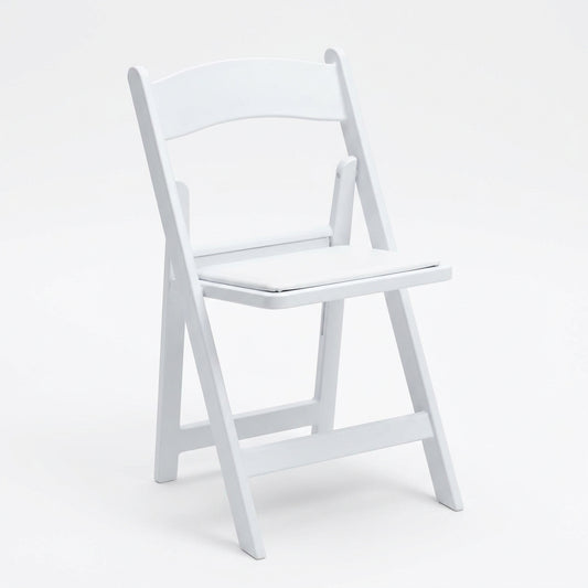 White resin folding chair rental — front view, pure white, Fredericksburg VA